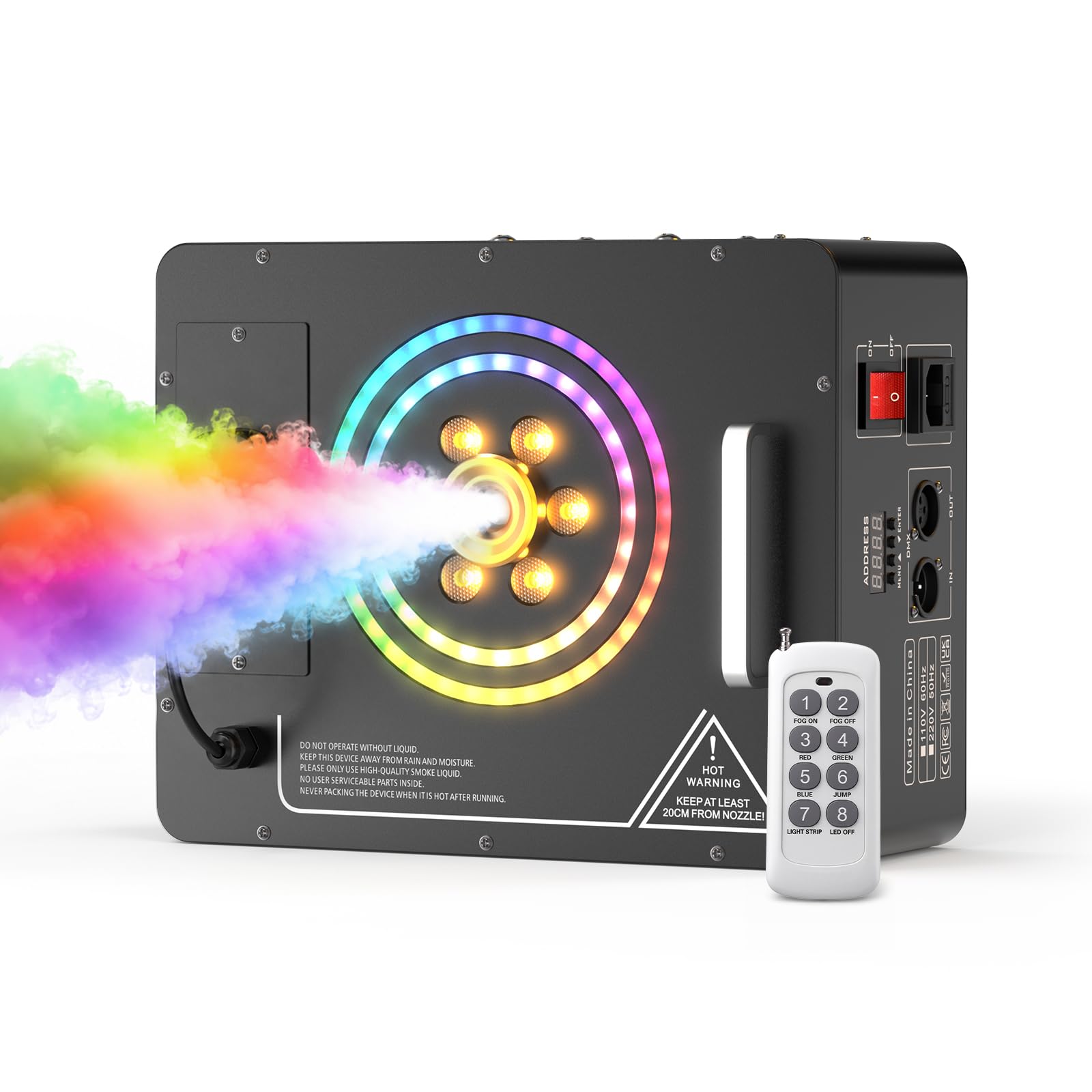 Máquina de Humo, 1500W Suspendible Fog Machine DMX con 6 RGB LED y Anillos Luminosos, 3000CFM con Remotos Inalámbricos y 4 Efectos de Iluminación para Halloween Navidad Fiesta Bodas DJ