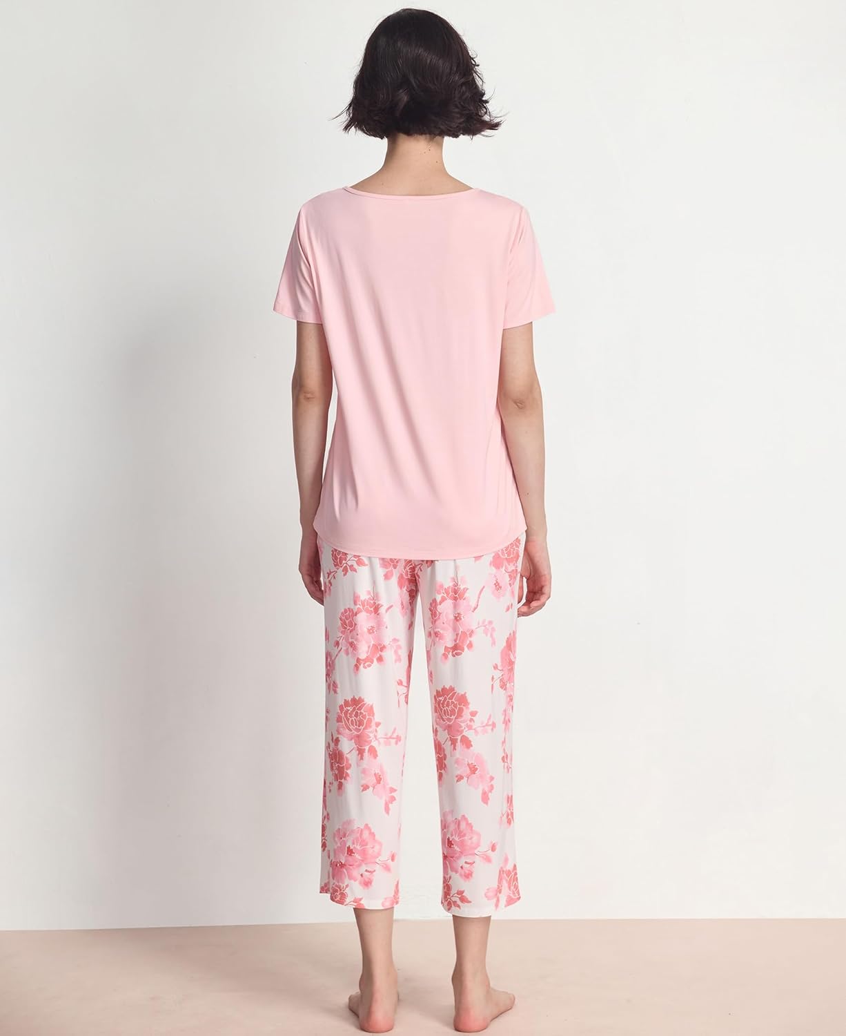 GYS Pajama Sets for Women Soft Bamboo Viscose Short Sleeve Top with Capri Pants 2 Piece Sleepwear - Image 3