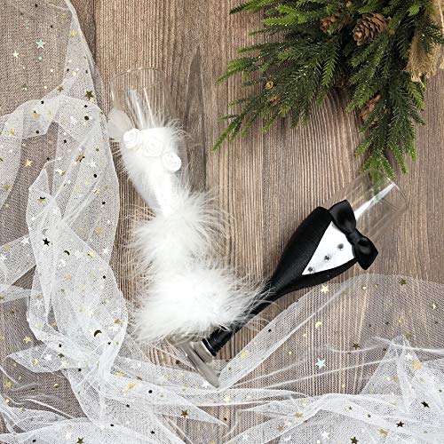 Abbie Home Wedding Reception Celebration Champagne Toasting Flute Set- Feather Dress Mini Suit Decorated Bride And Groom Champaign Flute, Set Of 2 (Black Glass Set) #TOP3