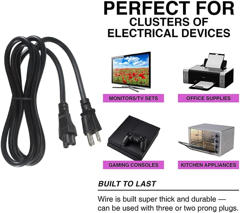 Miniatura 3 de Cable de alimentación universal de CA de 3 ranuras, cable de alimentación de 3 clavijas de repuesto de 12 pies, conector NEMA 5-15P a IEC C5,