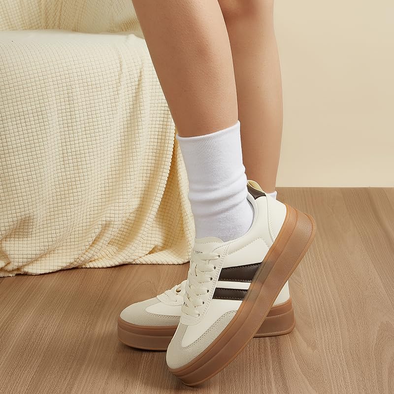 LEYING Women's Chunky Platform Sneakers - Retro Vintage Leather Casual Tennis Shoes- Thick Rubber Gum Sole Low Top Lace-Up Classic Walking Shoes - Image 2