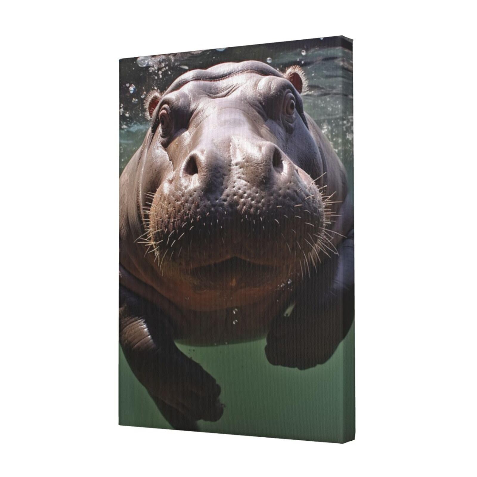 KLOPH Diving Hippo Canvas Wall Art for Living Room 12"x18" Modern Artwork Painting for Bathroom Hanging Canvas Prints Aesthetic Wallart for Bedroom Kitchen Office Wall Decor