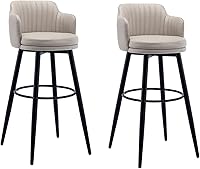 Vista 10 de Juego de 2 taburetes de bar giratorios modernos con Brazos, asientos de cuero napa, patas de metal negro y reposapiés, sillas de isla de cocina
