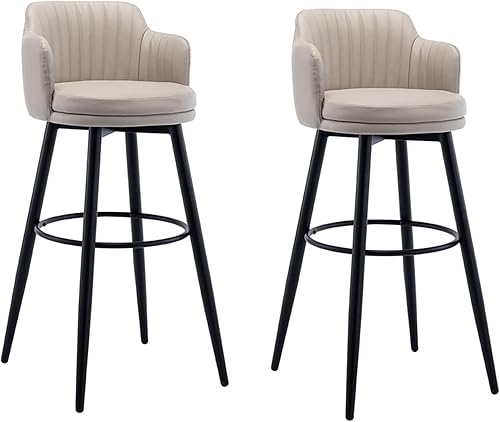 Miniatura 10 de Juego de 2 taburetes de bar giratorios modernos con Brazos, asientos de cuero napa, patas de metal negro y reposapiés, sillas de isla de cocina de