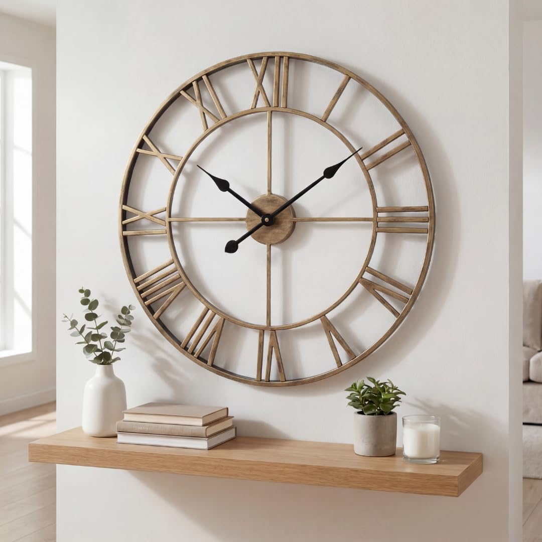 Heaven4you Bronze Copper Large Skeleton Wall Clock 60Cm Roman Numerals Metal