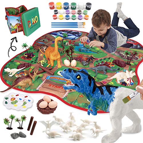 Oukzon 40 Pcs Art and Crafts Supplies Kit for Kids, Dinosaur Toys Painting Set with Foldable Storage Carpet, Party Favors and Creativity DIY Painting Gift Easter for 4 5 6 7 8 Year Old Boys and Girls