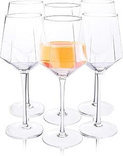 Wine Glasses Set of 6 - Long Stem Crystal Hexagon Shaped Wine Glass Set - Large, Beveled, Diamond Shape Sides Lets Wines Breathe