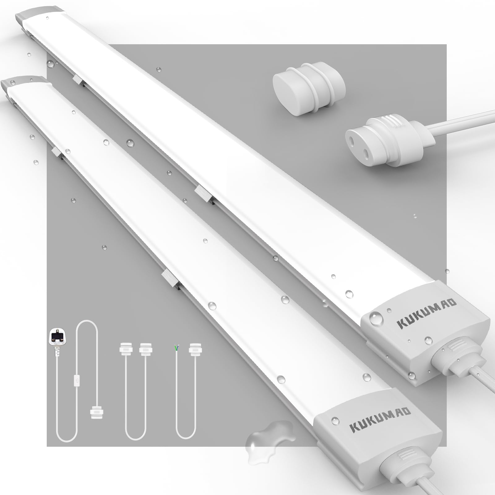 KUKUMAO LED Batten Light 6000K Daylight, Linkable LED Fluorescent 5000LM Fitting for Garage, Workshop, Office, Wall, Kitchen, Shed, IP65 Plug in Ceiling Light, 5FT, 150cm, 45W 2Pack.
