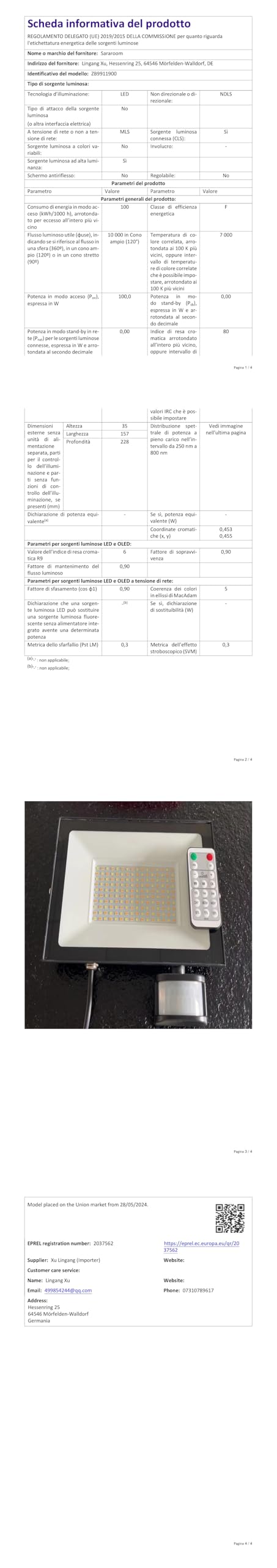 Sararoom Faretto Led da Esterno con Sensore di Movimento 100W 10000LM Faro Led con Telecomando, IP65 Impermeabile Luce di Sicurezza per Garage Cortile Giardino, 160Leds 3000K/4500K/6500K Regolabile