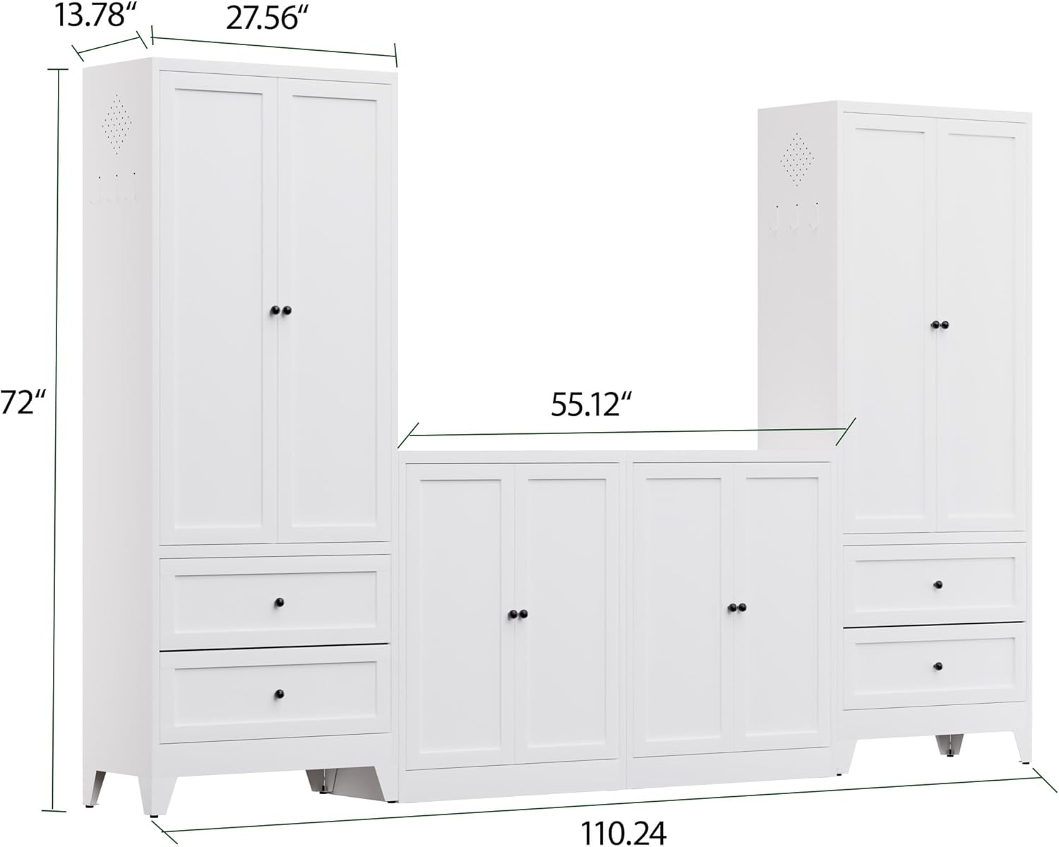 4-Piece Modern Metal Sideboard and Pantry Set,Built in Cabinets for Living Room Kitchen Cabinet Set, Adjustable Shelves, White