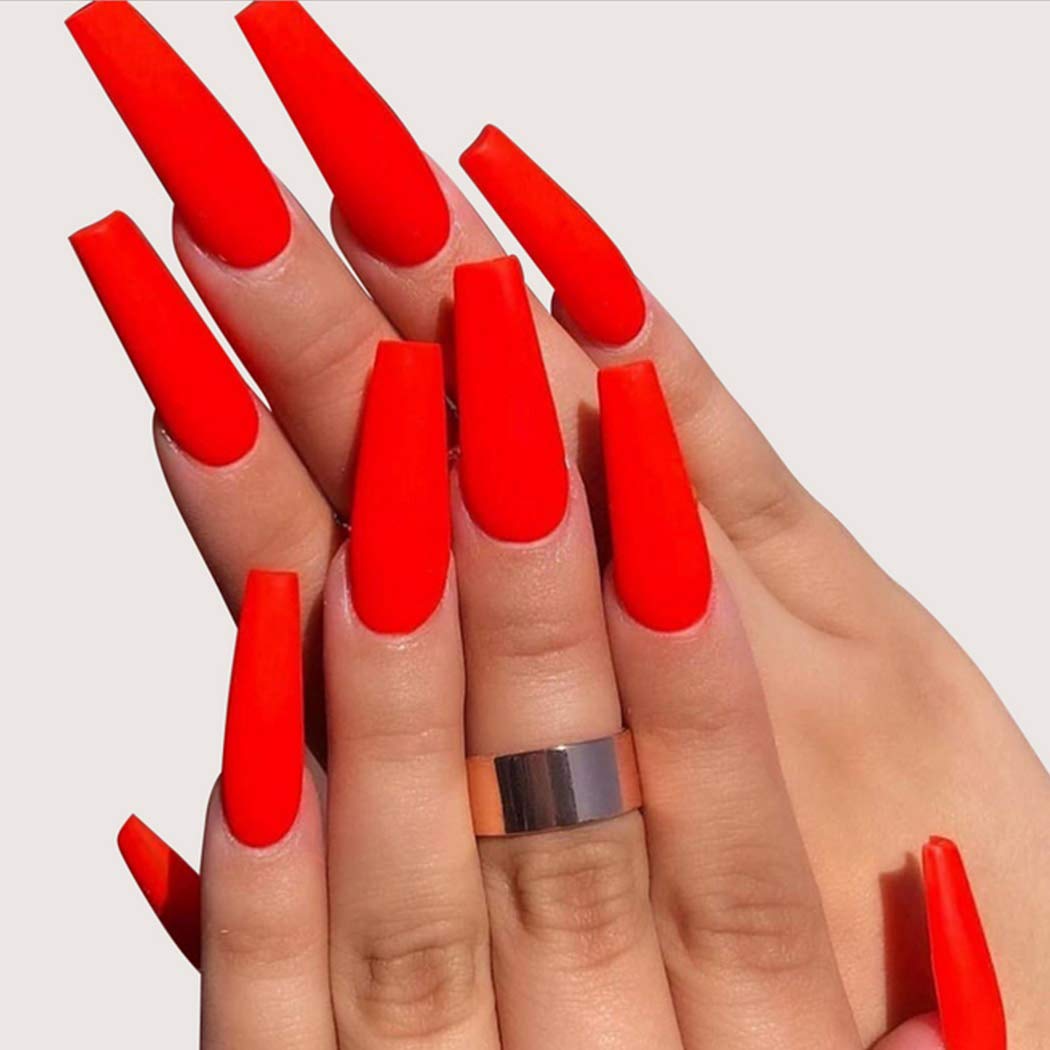 Amazon Com Uranian Coffin Extra Long Press On Nails Red Fake Nails Matte Ballerina Halloween Full Cover False Nails Acrylic Nails Tips For Women And Girls 24pcs Red Beauty Personal Care