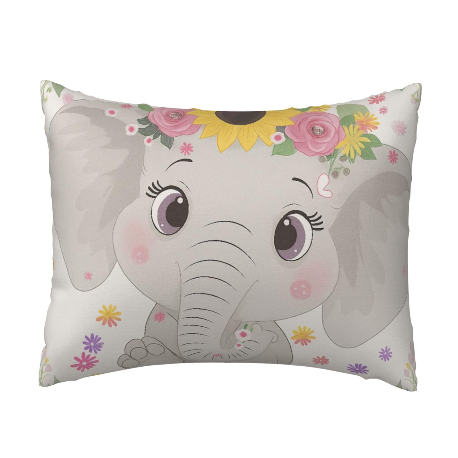 Cute Elephant with Floral Wreath Pillowcase Soft Plush with Zipper Decorative Pillowcovers 16x20 in