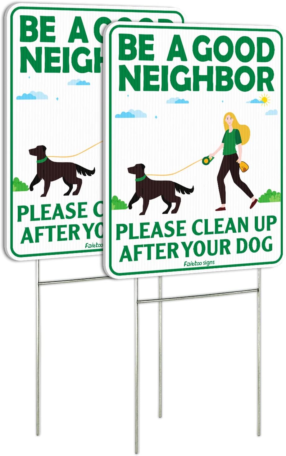 Be a Good Neighbor Clean Up After Your Dog 12 x 9 Inches Yard Sign with Metal Wire H-Stakes, Double Sided, 4-Pack No Pooping Dog Lawn Signs, Waterproof, Weather Resistant, Easy to Mount