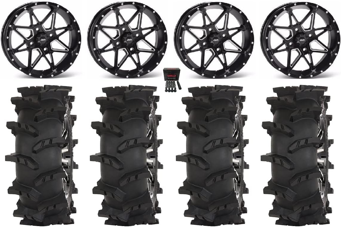 Bundle - 9 Items: ITP Tornado 14" Wheels Black 30" Outlaw Max Tires [4x110 Bolt Pattern 12mmx1.25 Lug Kit]