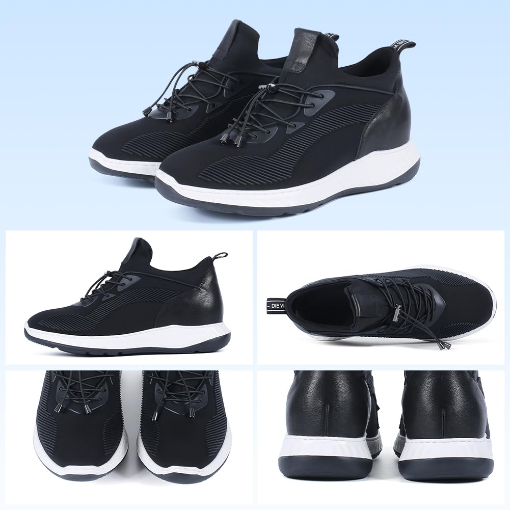 CHAMARIPA Scarpe Rialzate Uomo 6 cm Aumento Altezza Invisibile, Sneaker con Lacci Elastici a Punta Tonda in Tessuto/Pelle Morbida Nera 42EU