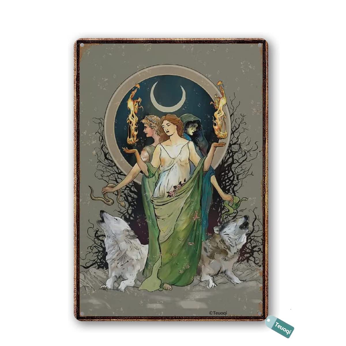 Viewkedt Brown, Black, Silver Vintage Moon Goddess Hecate Painted Wiccan Tapestry Hecate Witchy Painted Print Sign Plaque Bar Pub Vintage Group Porch 8X6 Tin Sign Home Decor Home Art Metal Signs Wall Art Wall Decor Poster