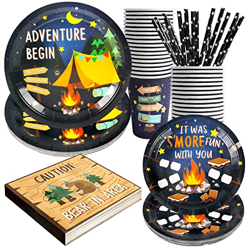 Recheel Camping Party Supplies Decorations, Campfire Hiking Camper Theme Birthday Paper Plates and Napkins Set with Cups and Straws for 24 Guests, 120 Pcs Disposable Party Snack Dinnerwares