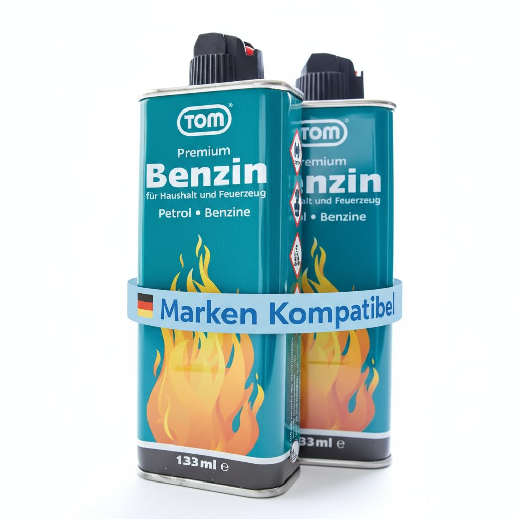 TOM 2 x Feuerzeugbenzin 133 ml Benzin Flasche im Set zum nachfüllen für Feuerzeuge, Handwärmer und Benzinkocher oder als Waschbenzin – Feuerzeug-Benzin (2)