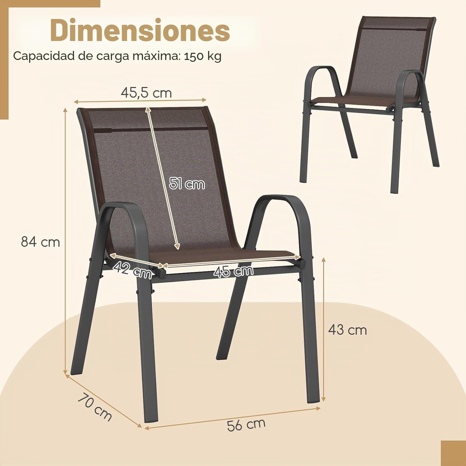 FANTASK Juego de 4 sillas de jardín apilables de textileno y Estructura de Metal, sillas apilables de hasta 150 kg, sillas de terraza con reposabrazos, sillas de balcón para balcón, jardín, terrazas