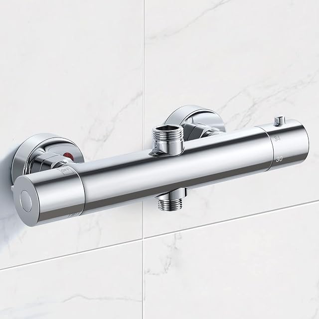 Solepearl Round Thermostatic Shower Mixer Bar Two Outlet, Brass Twin Outlet Bar Shower Valve, Shower Mixer Bar Dual Outlet with TOP 3/4" BSP (26.4mm) + Bottom 1/2" BSP (21mm), Chrome