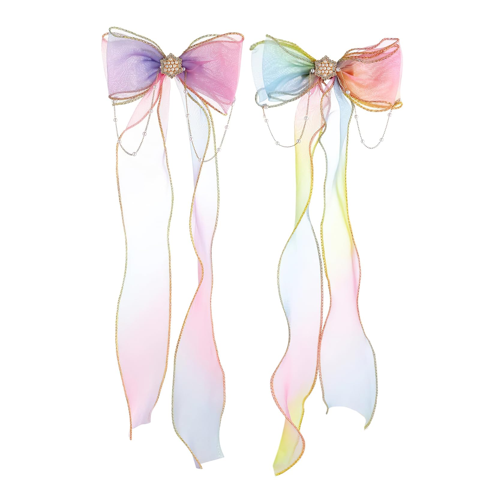 2 Pcs Colorful Ribbon Girls Hair Bows, Princess Ribbon Pearl Tassels Girls Hair Accessories, Big Hair Bows Clips Long Tail