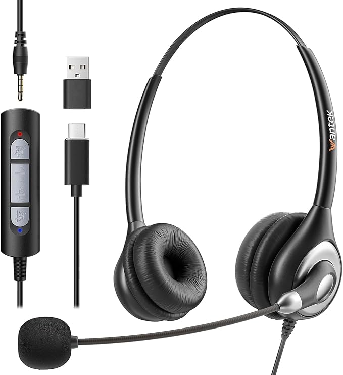 Wantek casque avec microphone antibruit, USB/Type-C/jack 3,5 mm, 3-en-1, casques USB et câble de contrôle du volume pour centres d'appels, équipes, réunions, ordinateurs portables, chat