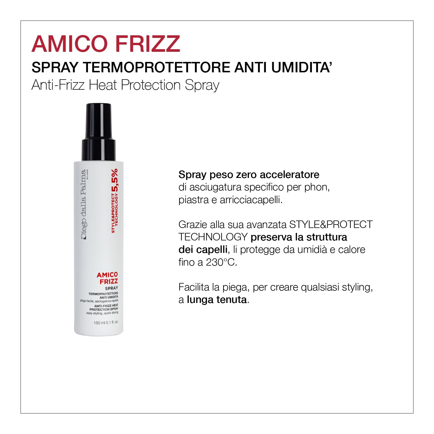 Diego dalla Palma | AMICOFRIZZ - Spray Termoprotettore Anti Umidità, Protezione Calore Fino a 230°, Asciugatura Rapida, 150ml