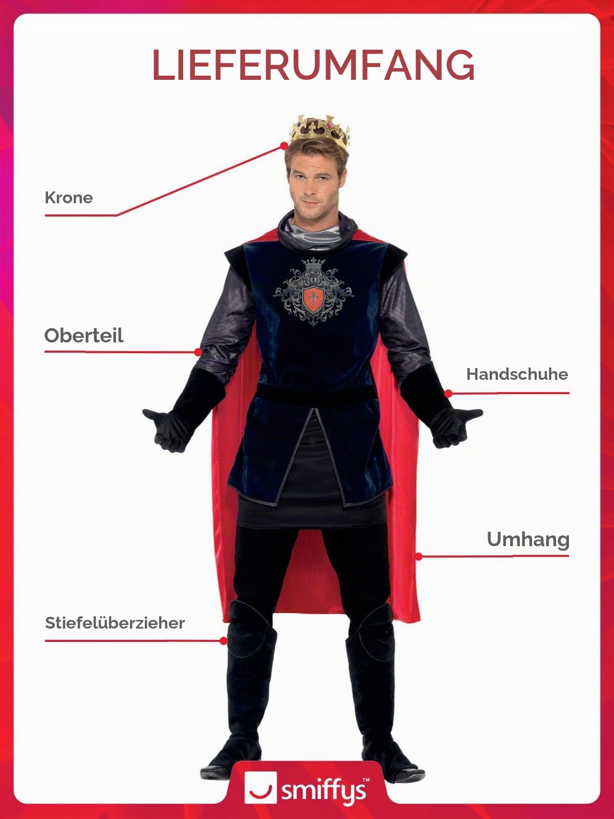 Smiffy's 43417L - King Arthur Deluxe Kostüm mit Top Cape Handschuhe Beinwärmer und Crown
