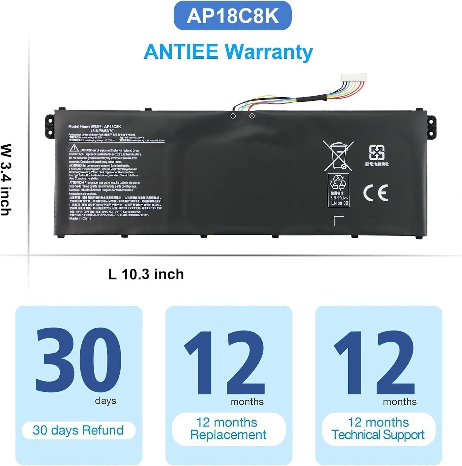 Batteria notebook ANTIEE AP18C8K Acer Swift3 SF314 Aspire5 A515 A715 Spin3 | 11,52V 50,29Wh, compatibile 3INP5/82/70 SF314-42 SF314-57 CB315 A514 A515 A715 TMP215 Spin3 sostitutiva
