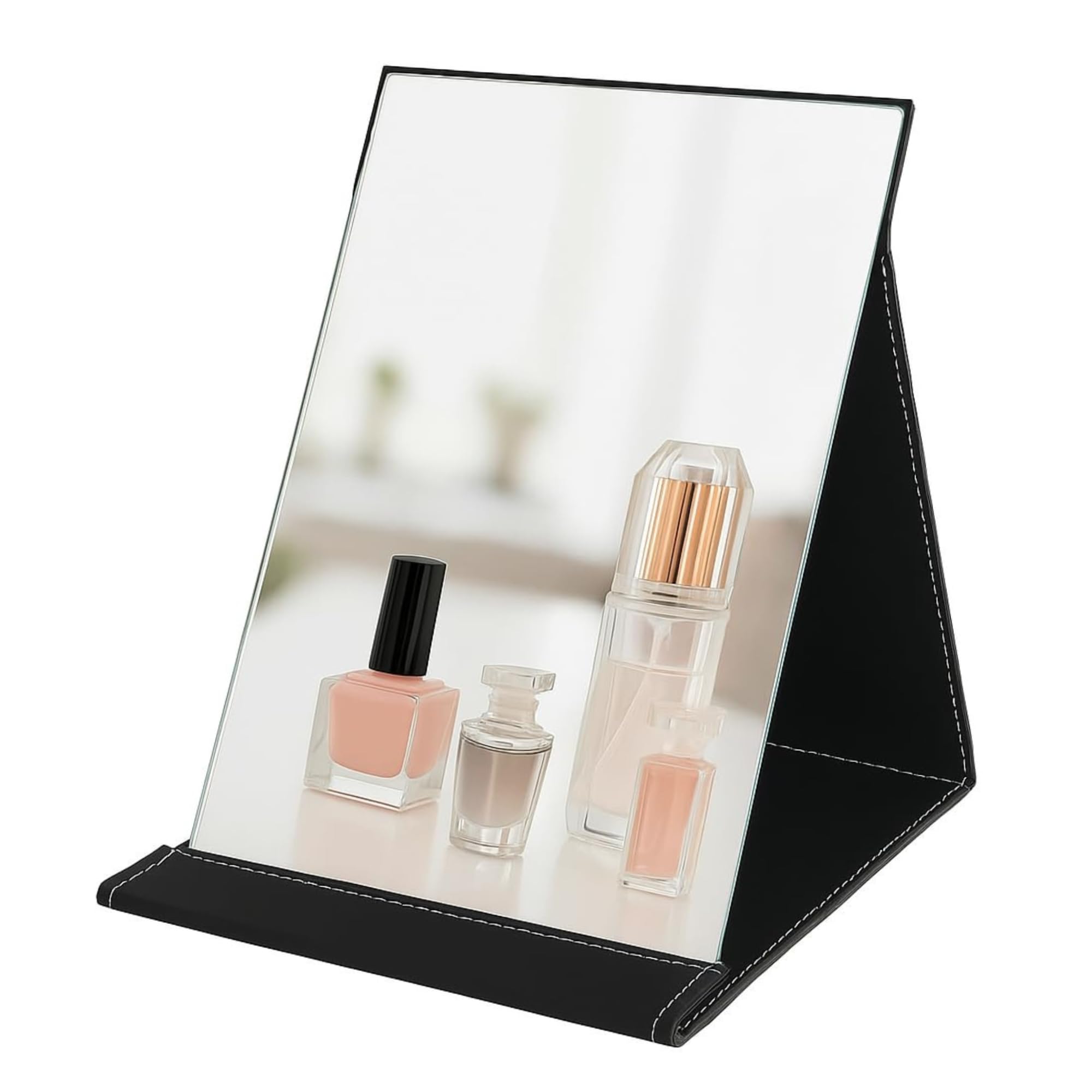 TOMATUS Mirror with Stand | Portable Folding Makeup Mirror for Office Desk, Vanity, Table & Travel | Compact Mirror Stand for Men & Women, Pack of 1 – Black