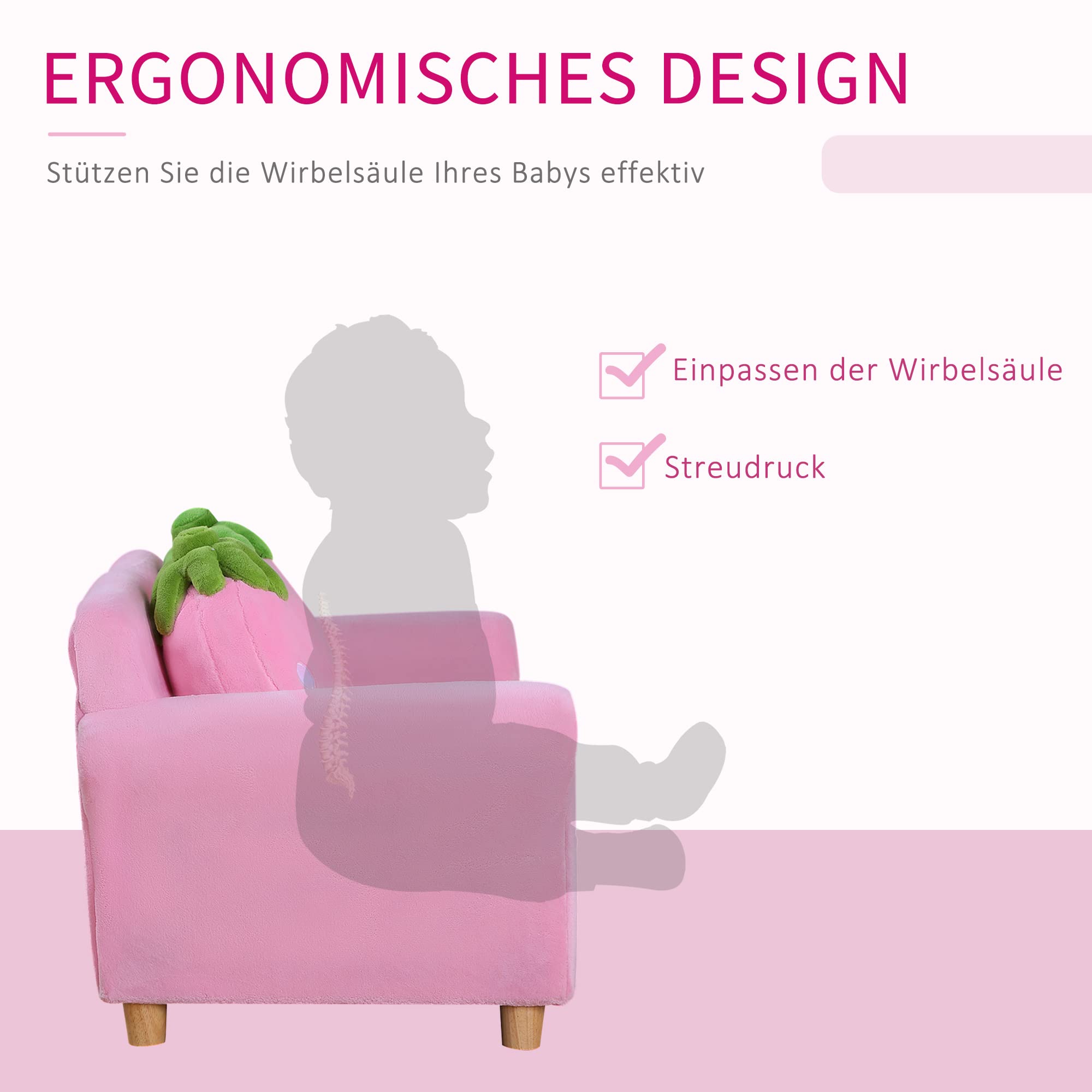 HOMCOM Sofa dziecięca, fotel dziecięcy, sofa, kanapa, krzesło do pokoju dziecięcego, miękka sofa, podwójna sofa pojedyncza (sofa truskawkowa)
