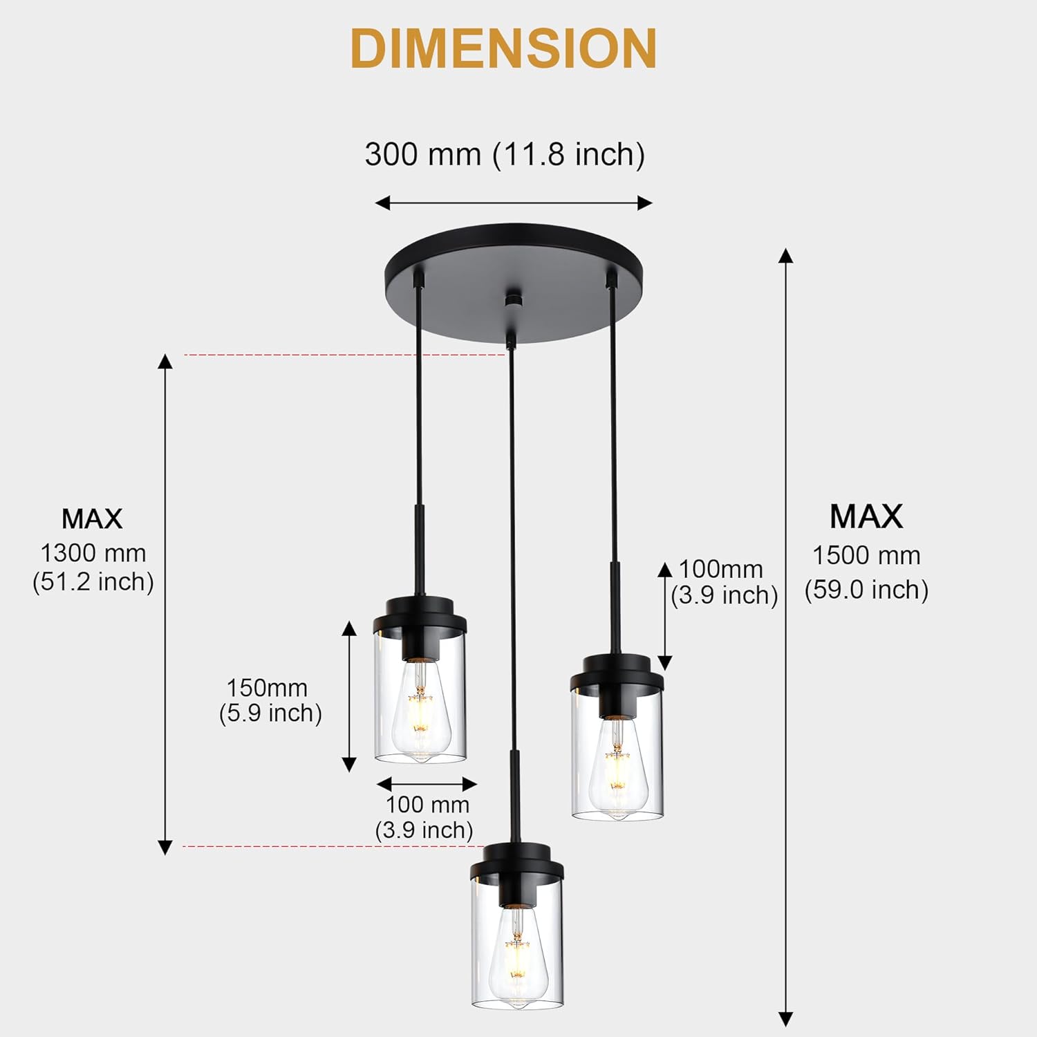 BONLICHT 3 Light Kitchen Island Pendant Light Fixtures Ceiling Hanging Black Cluster Chandelier with Clear Glass Shade, Modern Pendant Lighting Foyer Chandeliers for Dining Room Living Room Staircase
