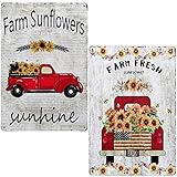 TISOSO Farm Fresh Sunflower with Red Truck Vintage Tin Bar Sign Farmhouse Kitchen Wall Country Home Decor for Living Room Bedroom Decoration 2Pcs-8X12Inch