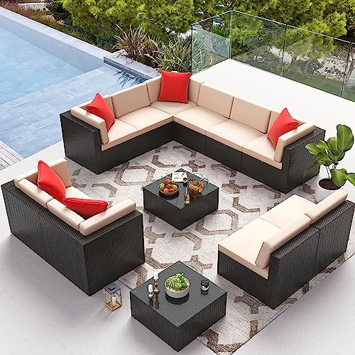 Image of Greesum Patio Furniture Sets 12-Pieces Outdoor PE Rattan Sectional Sofa with Thickened Cushions and Glass Coffee Table, OneSize, Beige