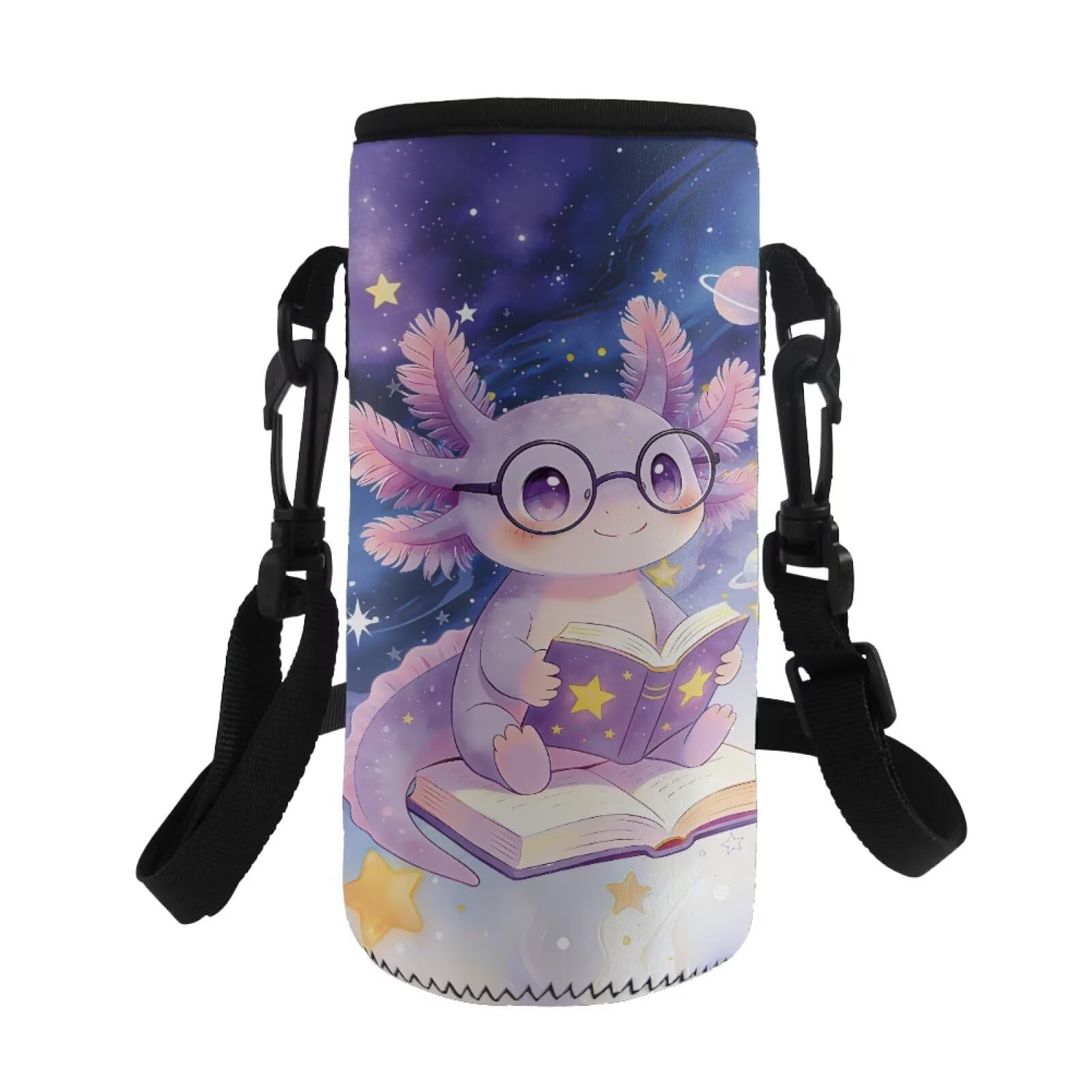 COEQINE Reading Axolotl Purple Galaxy Kids Insulated Water Bottle Leak Proof Neoprene Water Bottle Carrier Holder Portable with Adjustable Shoulder Strap Kids Adult Bag Case Pouch — image 1
