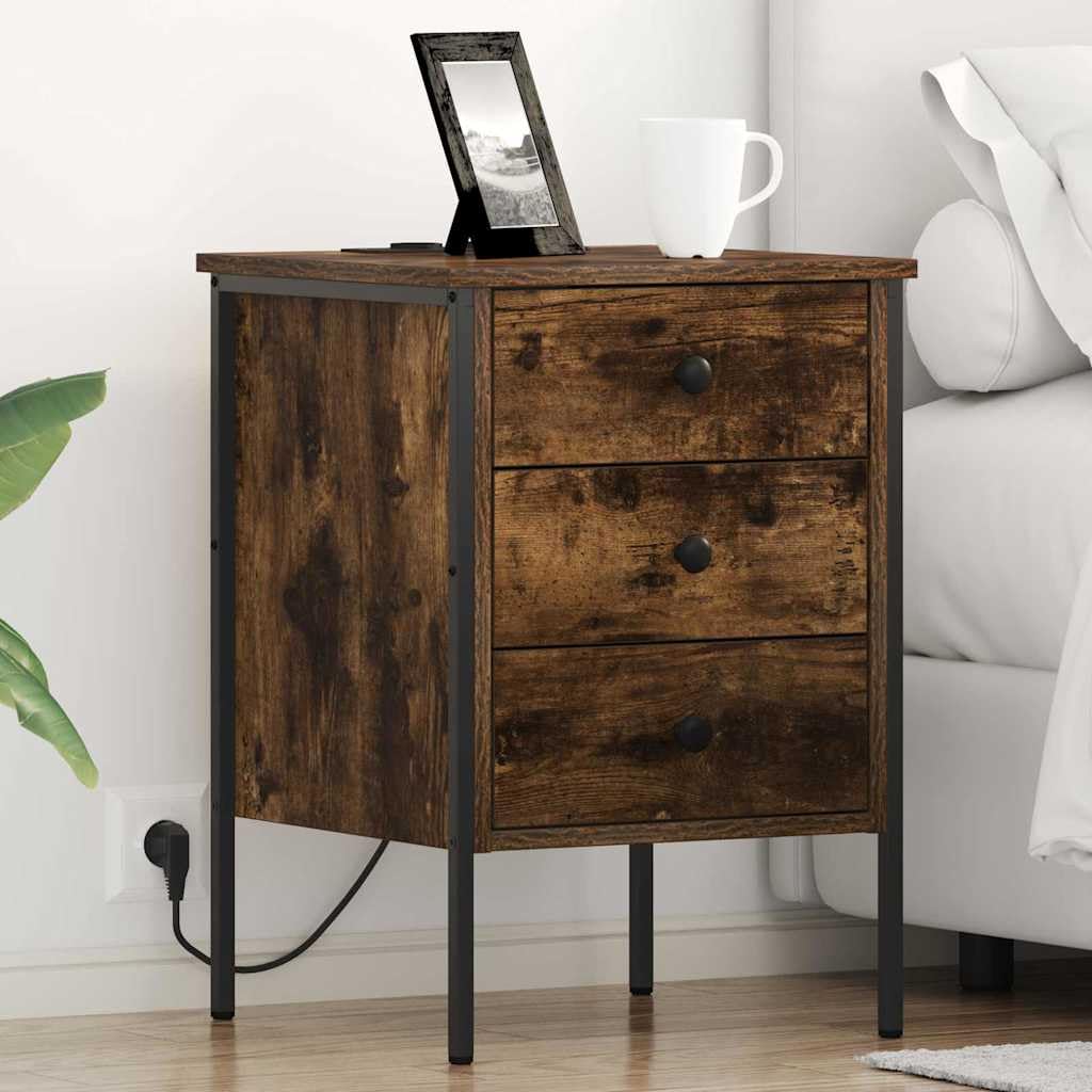 Table de chevet en chêne fumé pour recharger ses téléphones et ranger sa chambre facilement