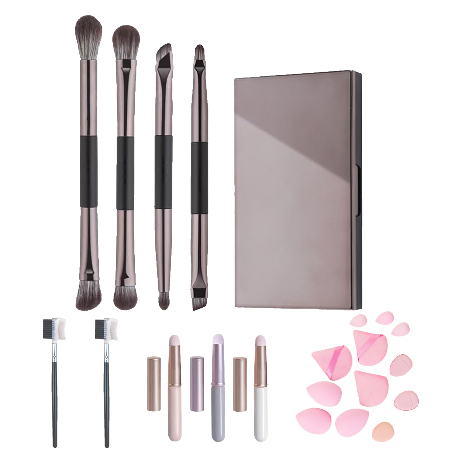 FECOVANTI Makeup Brushes 4pcs Double Ended Brush Set with Makeup Mirror Box for Travel Makeup