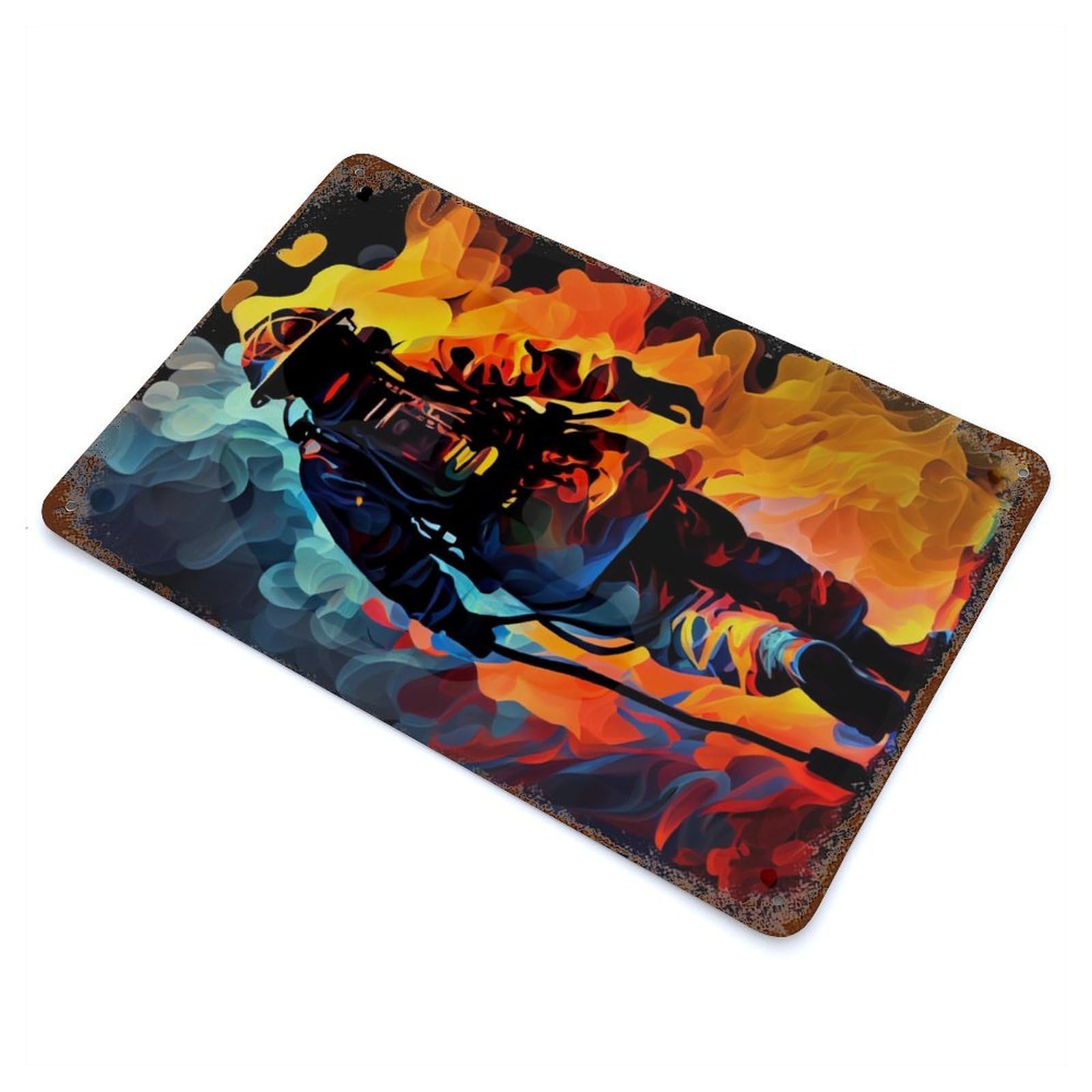 Garage Style Firefighter Painting Rust Effect Tin Sign 11.8"x7.9", Classic Wall Plaque for Bar And Workshop