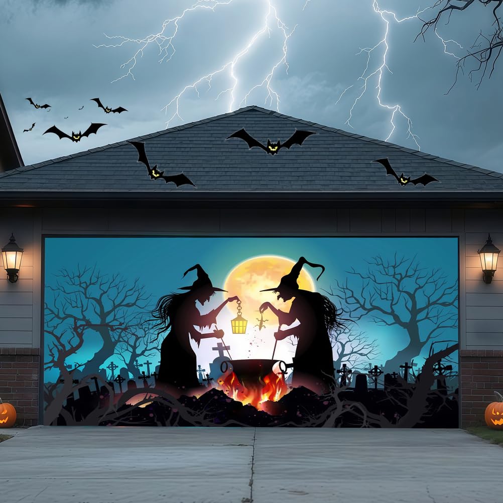 ZFFLYH Halloween Garage Door Cover Banner Outdoor Home Decorations Halloween Hanging Backdrop Door Cover Garage Wall Decor,Witch,8 * 7FT