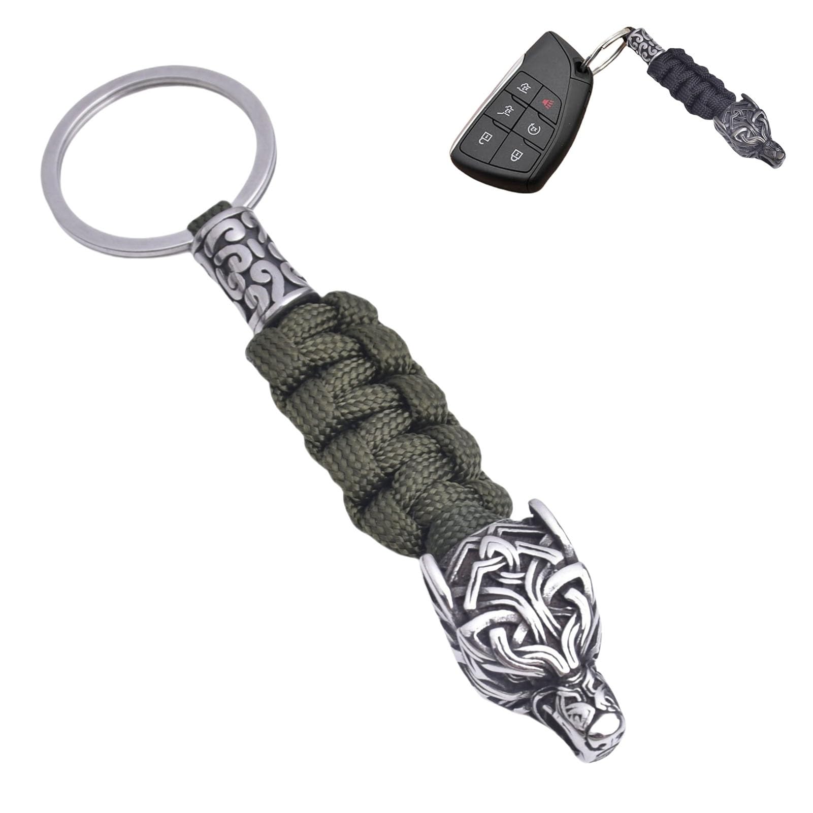 LDZDGD Viking Wolf Head Keychain for Men, Norse Stainless Steel Key Ring with Paracord, EDC Tactical Gift(Green)