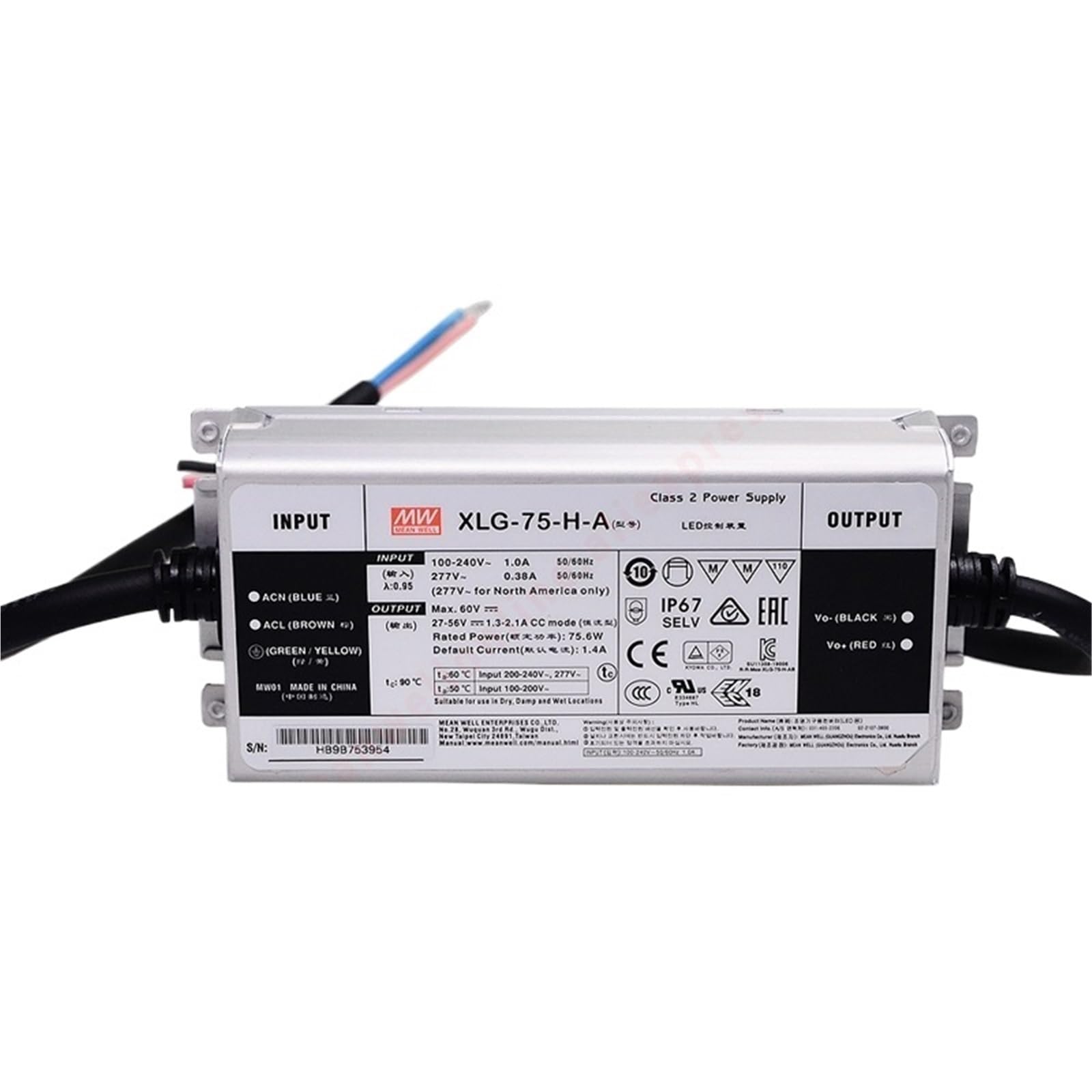 Fcarumiqp Xlg-75-H-A-75W Xlg-75-H-A Ip67 ，1300-2100Ma/27-56V/75W Constant Power Mode Led Driver