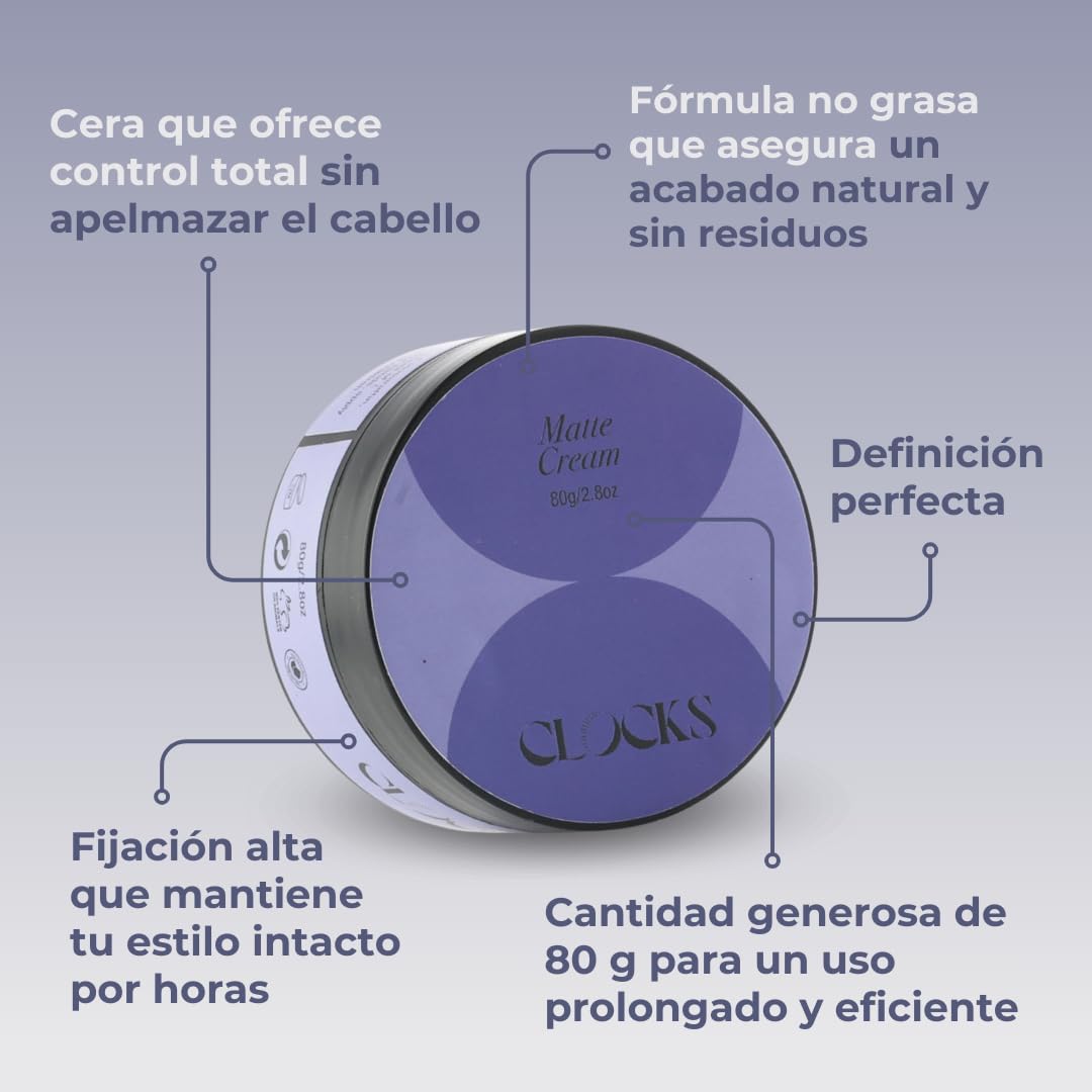 Clocks - Cera Pelo Hombre | Cera Mate Pelo Hombre | Pomada Cabello Mujer | Pomada Pelo | Fijación Fuerte y Flexible | Efecto Mate | Sin Residuos Grasos | Acabado Natural | 80g