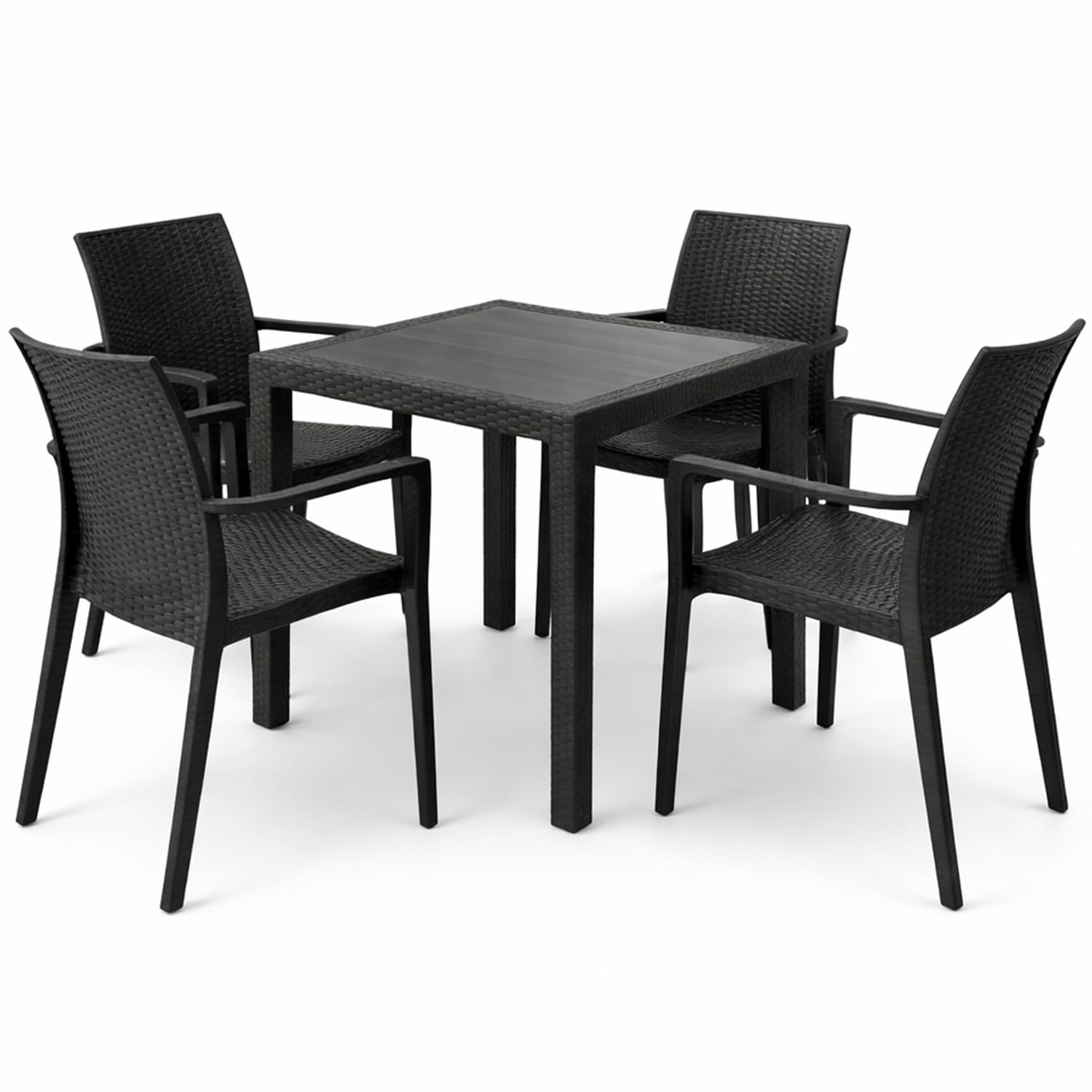 PALUPLUS Set Tavolo Quadrato con 4 Sedie Rattan in Plastica color Antracite, Misura Tavolino 79x79x72 cm, Sedia CON Braccioli, Arredo per Esterno, Terrazzo -KIN024F/DUK702F-23