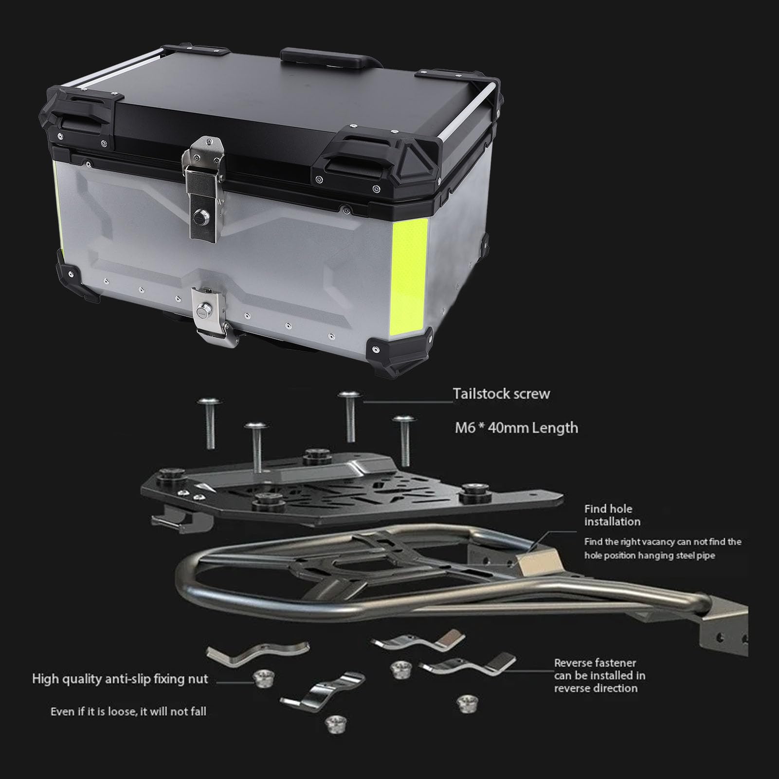 Acouto Kufer Motocyklowy 65L z Zamkiem Zabezpieczającym Odblaskowa Naklejka ze Stopu Aluminium Kufer Górny na bagaż Pod Srebrny to Mocny materiał Amortyzacja z Wysokiej Jakości Aluminium Tylny tył