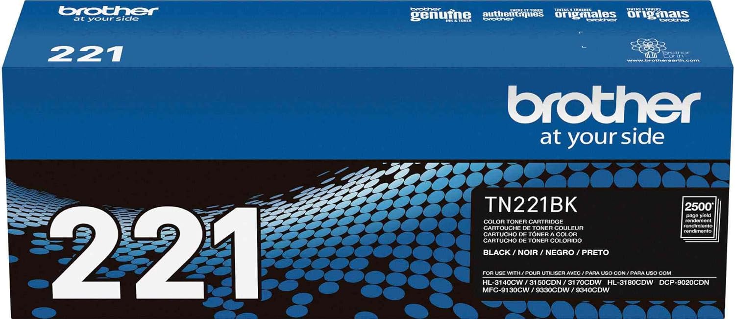 Brother Genuine Brand Name, OEM TN221BK (TN-221BK) Black Toner Cartridge (2.5K YLD) for HL-3140CW, HL-3170CDW, MFC-9130CW, MFC-9330CDW, MFC-9340CDW Printers