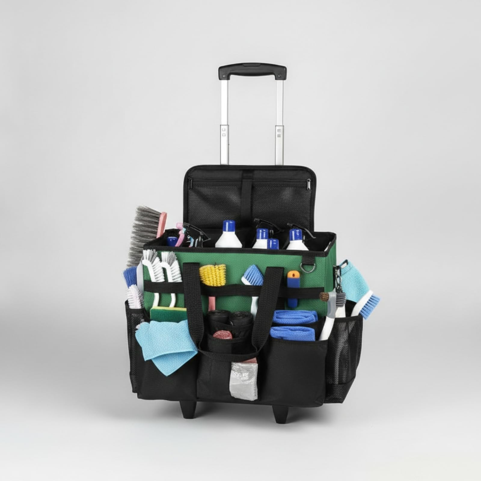Carrello Porta Prodotti Pulizia Resistente Borsa Organizer con Tracolla Impermeabile Borsa con Tasche per Personale Delle Pulizie, Hotel, Verde