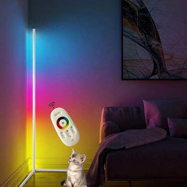 QJUZO RGB LED Floor Lamp Living Room Modern Dimmable Warm White Bedside Corner Light Remote Control Standing Reading Lamp for Office Study Bedroom Kids Room,White/140CM