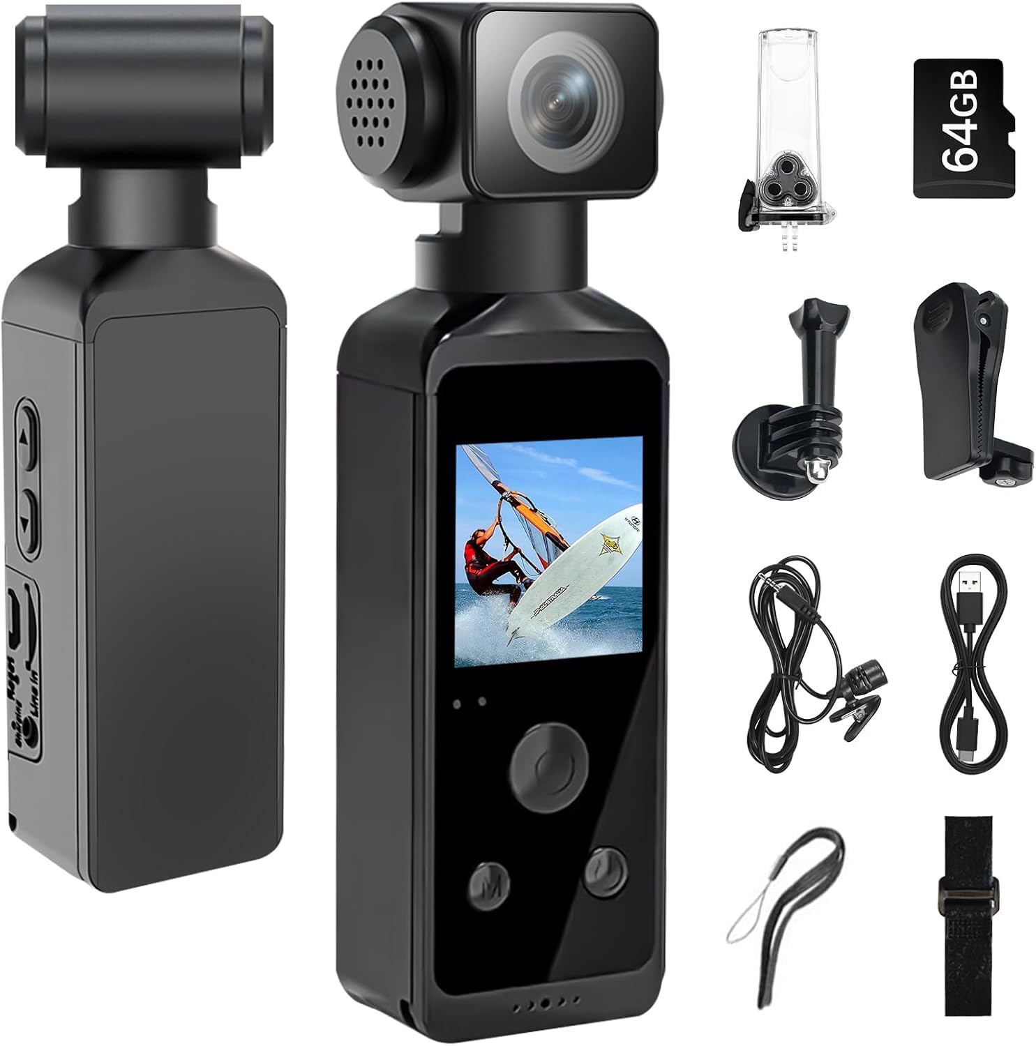 5K Körperkamera Bodycam Vlog Kamera, Sports Action Cam mit 270° drehbarem Objektiv, Pocket Action Cam für Reisen, Outdoor-Sport, Fahrrad, Clip und 64 GB TF-Karte im Lieferumfang enthalten