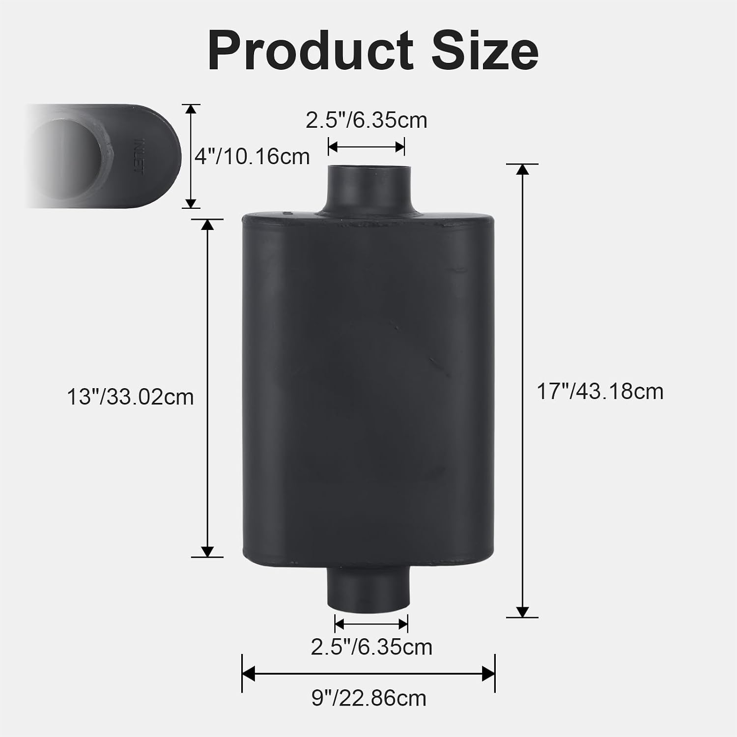 Universal Muffler Single 409 Stainless Steel Performance Muffler for Cars Trucks, 2.5" Inlet/Outlet, Overall Length 17", Center In | Center Out, Black