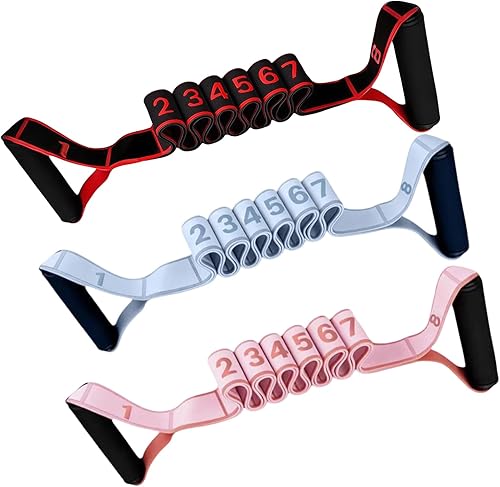 Paquete de 3 bandas de resistencia de fitness con asas, banda de resistencia numerada, bandas elásticas de entrenamiento de 8 secciones para yoga,